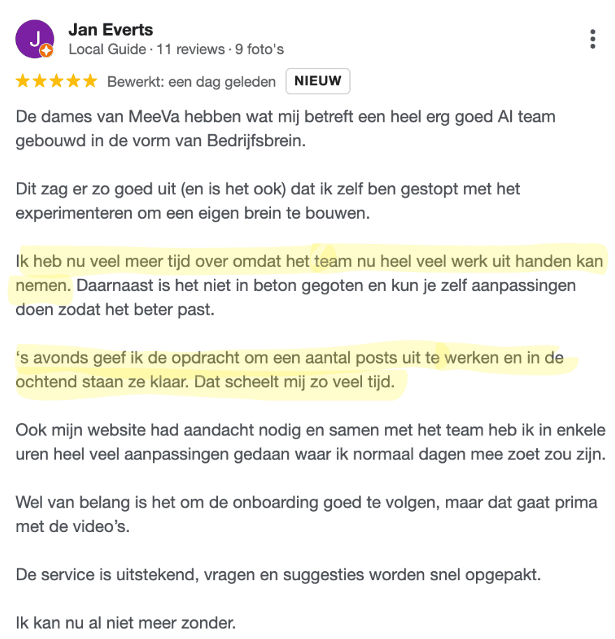 Google review van Jan Everts over zijn AI BedrijfsBrein