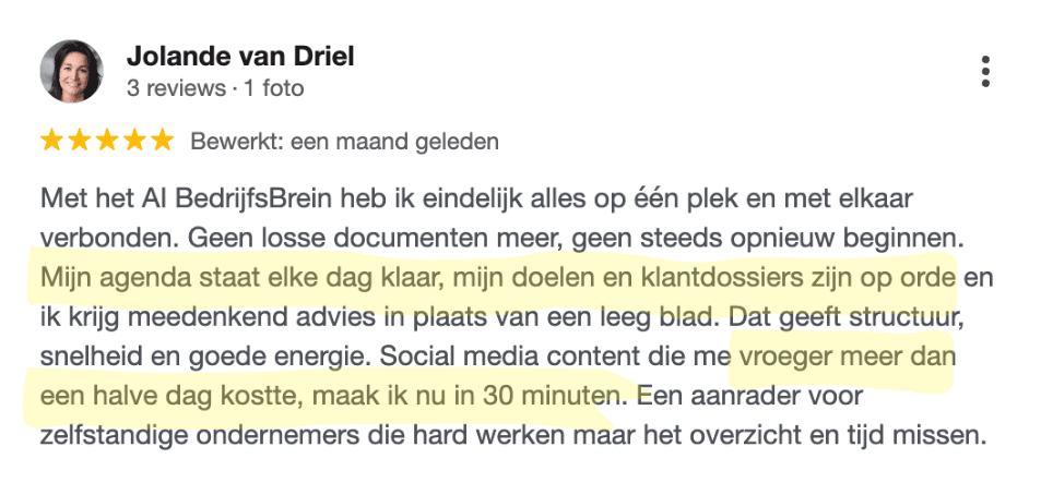 Review van Jolande van Driel over haar AI BedrijfsBrein